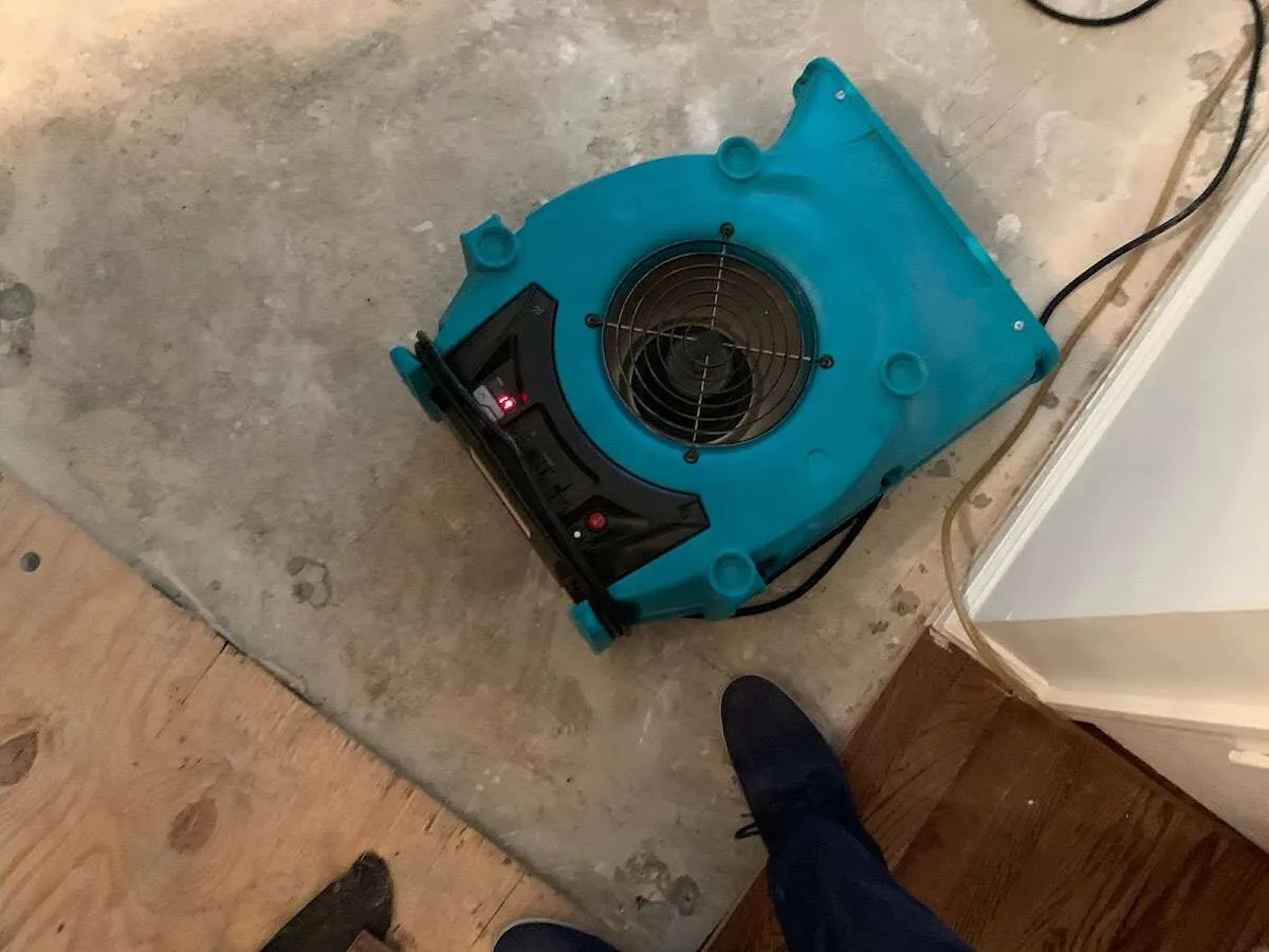 Air mover drying subfloor during Leak Detection & Repair in Solon